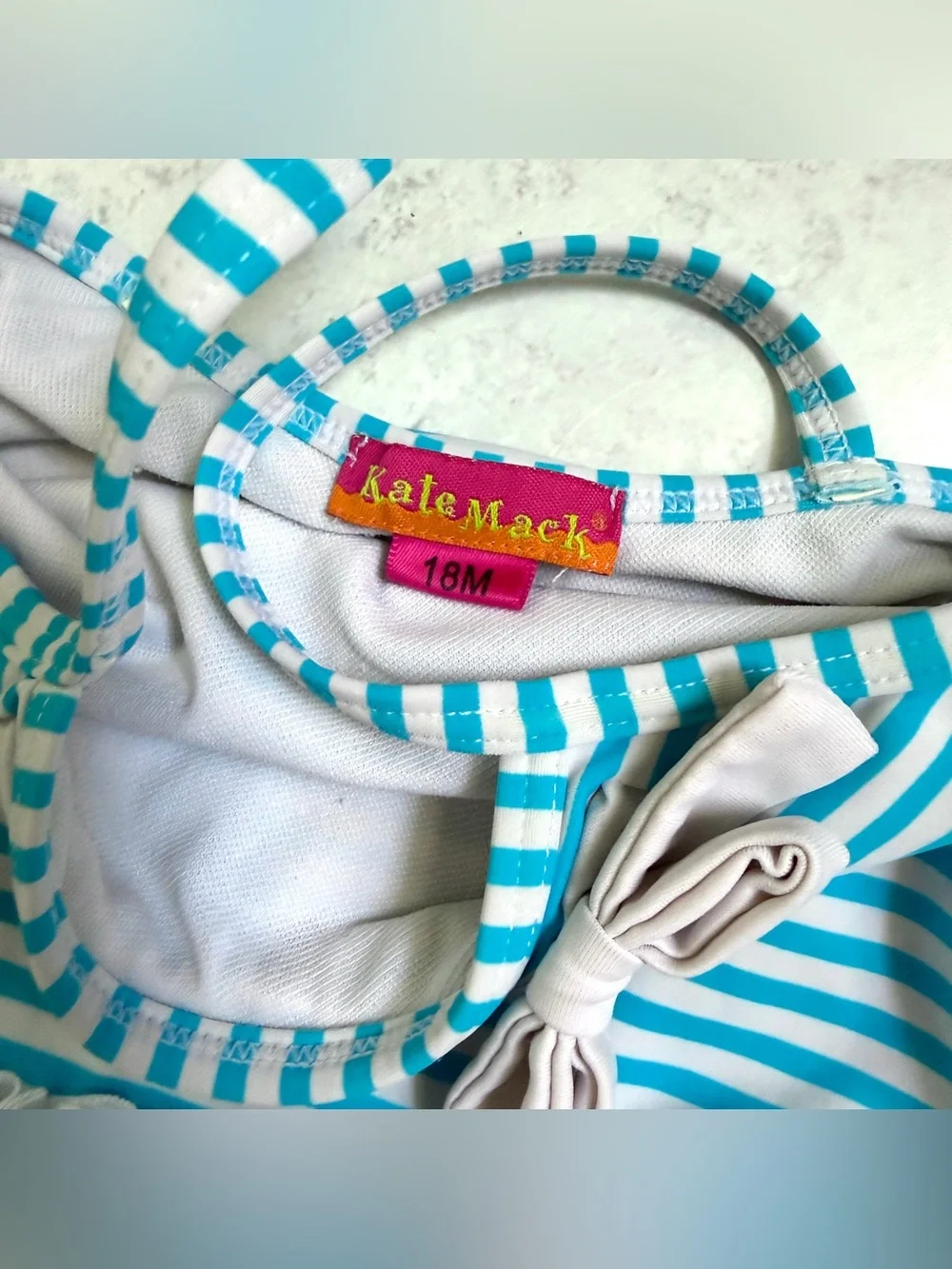 18M👙 Kate Mack Aqua Stripe Tutu Ruffle Tankini Swimsuit Set w Polka Dot Bottom